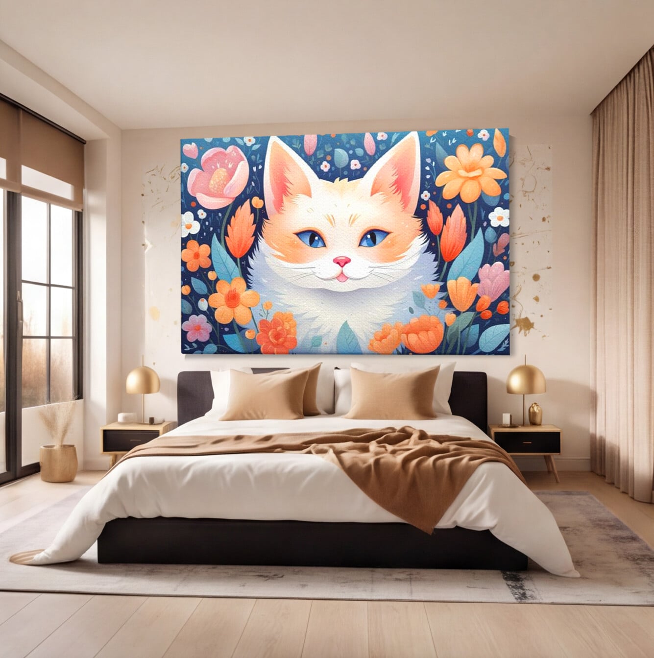 Tablou canvas cu ilustratie digitala cu pisica alba si flori, fara rama, pe sasiu de lemn, pe perete intr-un dormitor